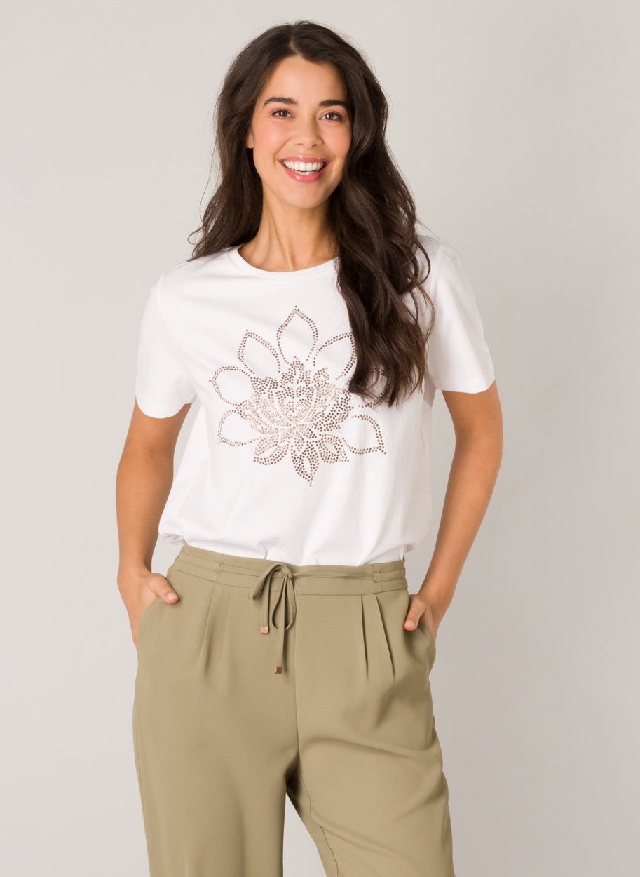 Fayza - T-shirt with Gold-coloured Studs-Tops-Yest-Off White-2-Urbanheer