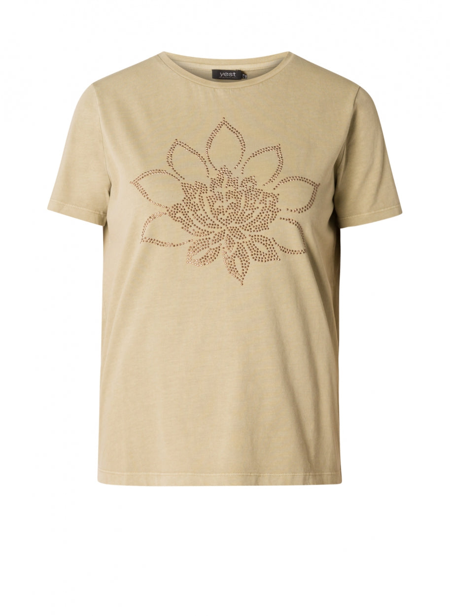 Fayza - T-shirt with Gold-coloured Studs-Tops-Yest-Khaki-2-Urbanheer