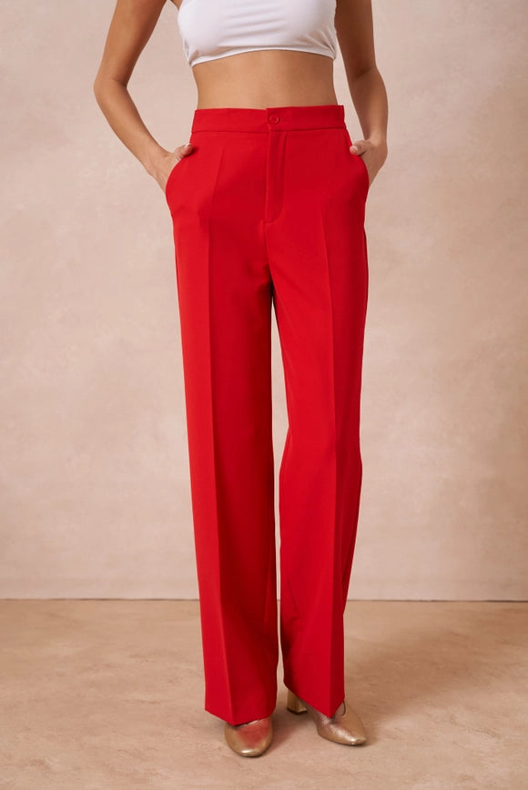 Timeless Straight Cut Plain Pants Red-Pants-Attentif Paris-S-Urbanheer