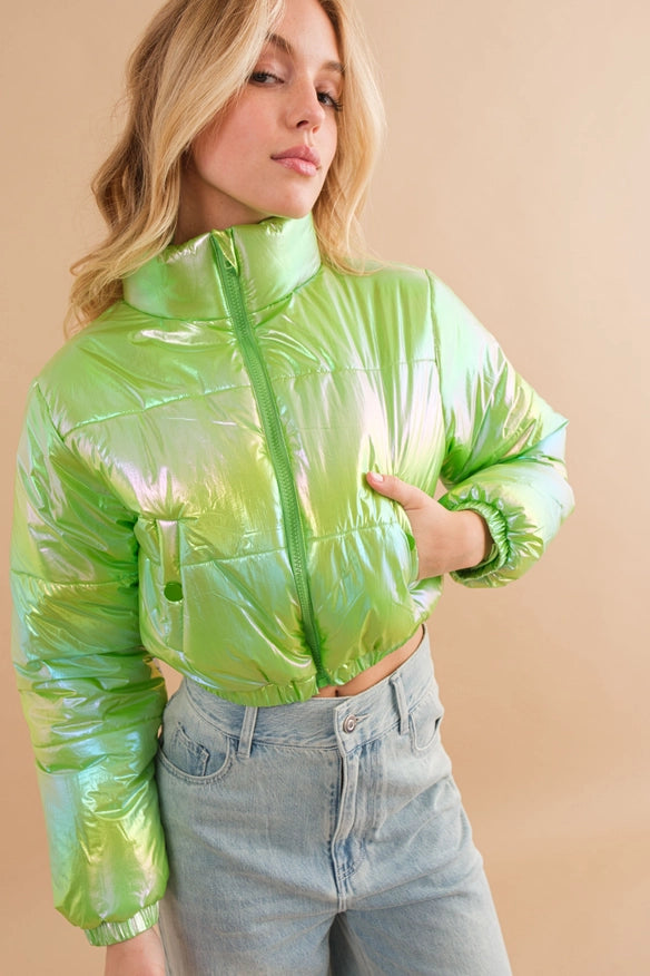 Windbreaker Metallic Puffer Crop Zip Up Jacket Lime-Jacket-Blue B-Urbanheer