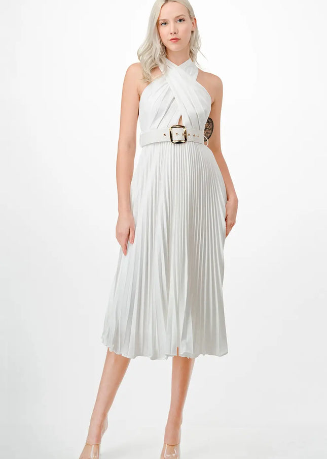 Cross Over Pleats Midi Dress- Off White-Clothing - Women-Neon Blush-S-Off White-Urbanheer