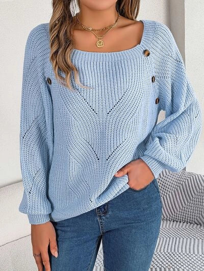 Openwork Buttoned Square Neck Sweater Misty Blue-Sweater-Blak Wardrob-Urbanheer