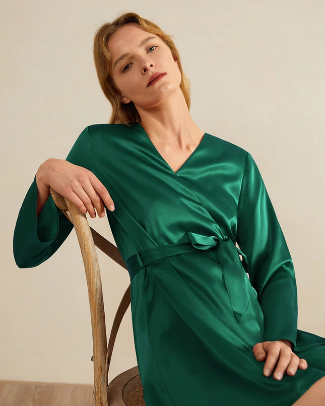 Loose Collarless Silk Emerald Green-Robe-MommeSilk-Urbanheer