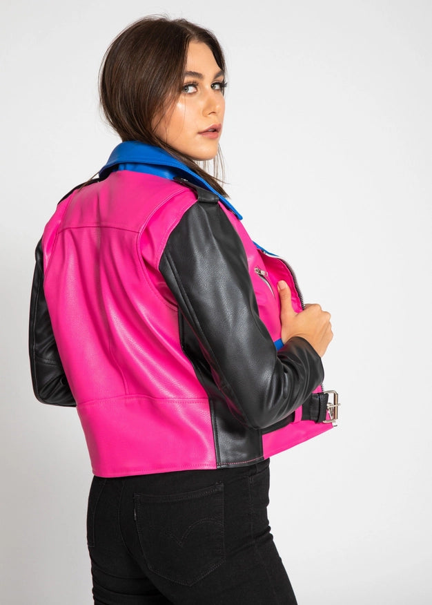 Women'S Block Print Faux Leather Jacket - Pink/Blue-Jacket-Fadcloset-Urbanheer