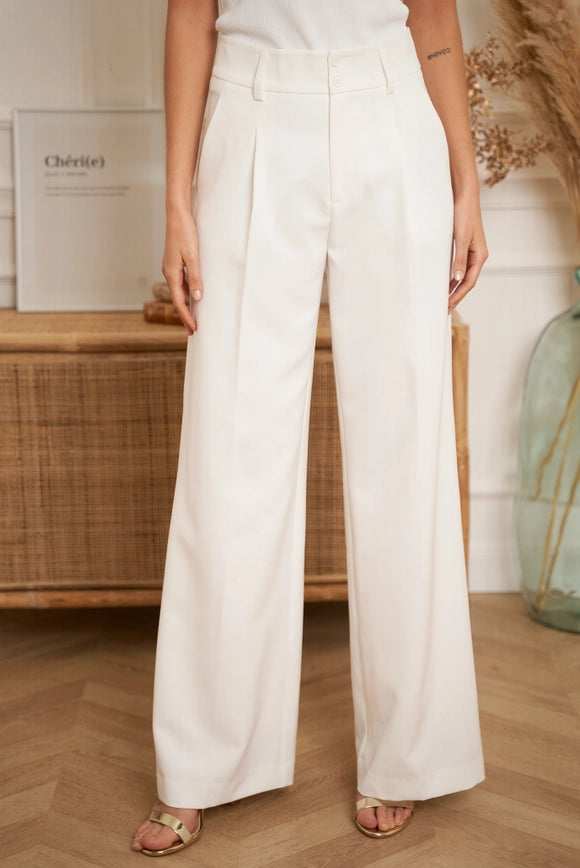 Wide-Cut Plain Pants with Double Breasted White-Pants-Attentif Paris-Urbanheer