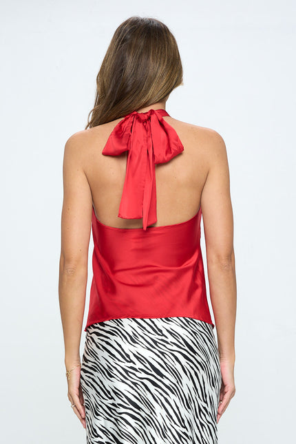 Satin Criss Cross Halter Top With Open Back-Renee C.-Urbanheer