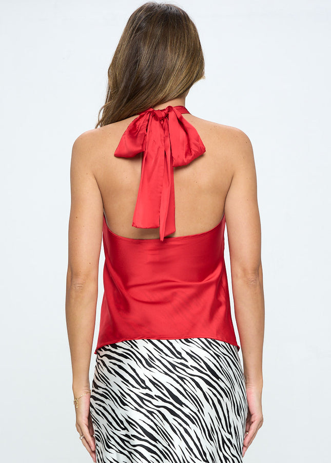 Satin Criss Cross Halter Top With Open Back-Renee C.-Urbanheer