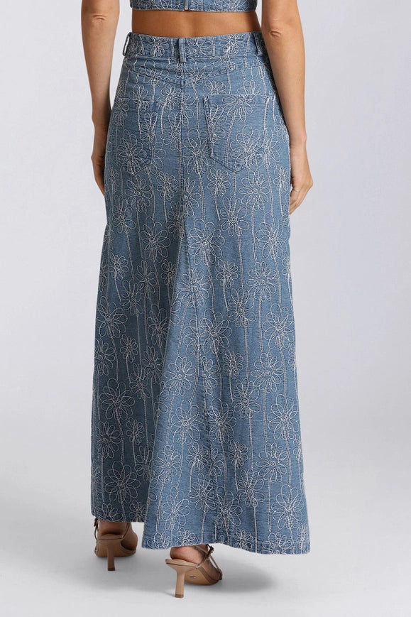 Embroidered Denim Maxi Skirt-Skirt-Avec Les Filles-Urbanheer