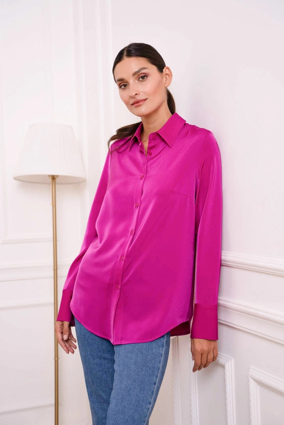 Plain Satin Shirt with Lapel Collar Magenta-SHIRT-Attentif Paris-Urbanheer