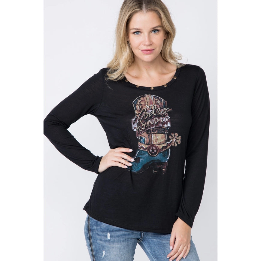 Western Style Long Sleeve Top with Eyelet Trim Black-Top-Vocal-S-Urbanheer