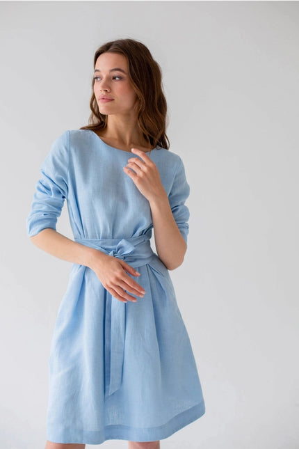 Sky Blue Wrap Tencel Belted Bridesmaid Dress For Women Long-Dress-Nich Linen-Urbanheer