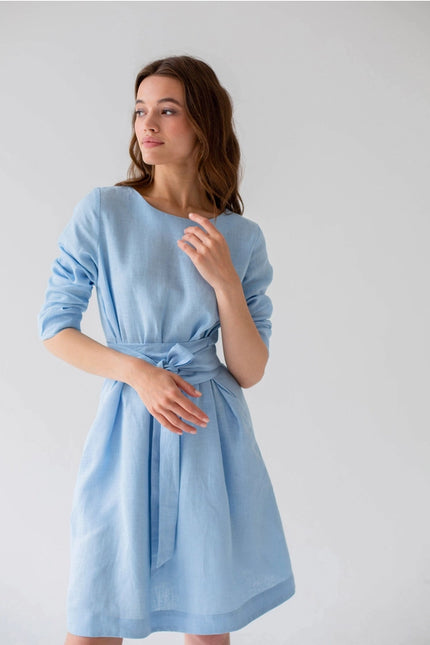 Linen Dress For Woman, Sky Blue Belted Dress For Women Mini-Dress-Nich Linen-XXS-Urbanheer