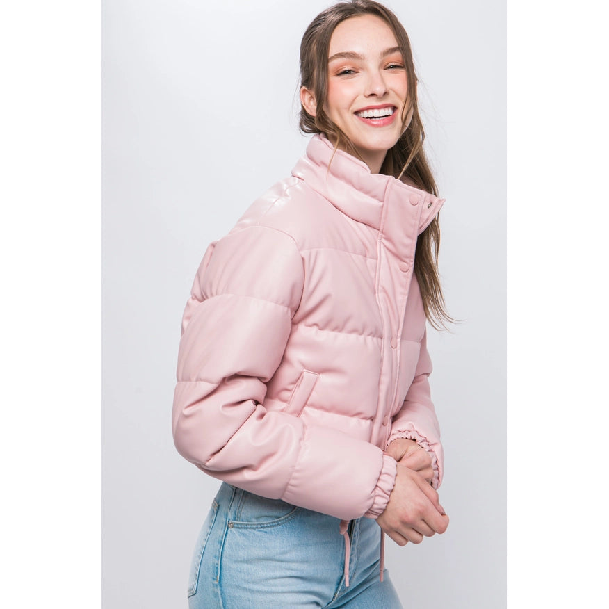 Faux Leather Puffer Jacket Pink-Jacket-Faith Apparel-Urbanheer