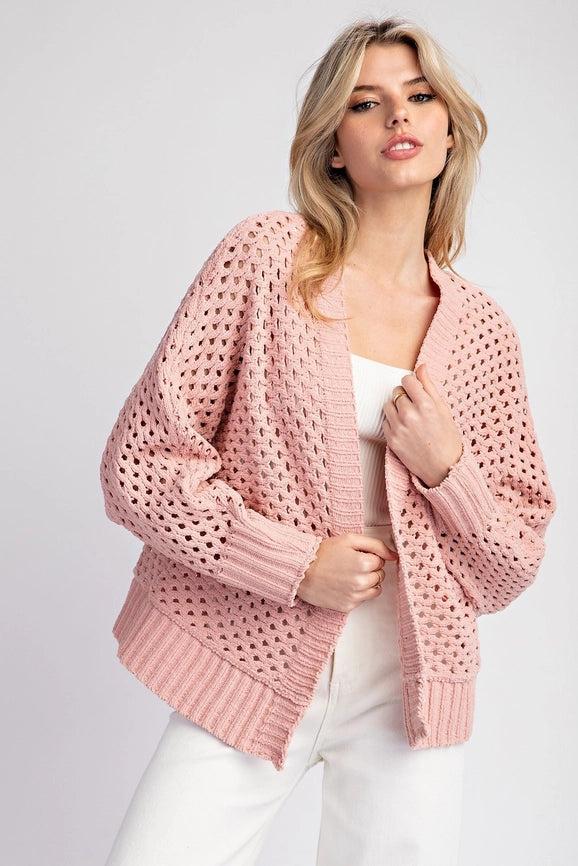 Plus - Long Sleeve Crochet Open Front Cardigan DUSTY ROSE