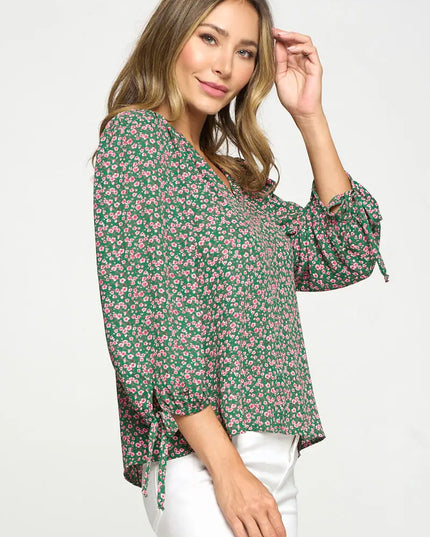 Floral Print Top With Self Tie Sleeves-Renee C.-Urbanheer