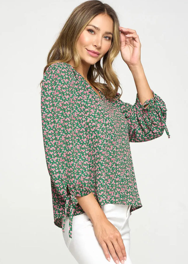 Floral Print Top With Self Tie Sleeves-Renee C.-Urbanheer