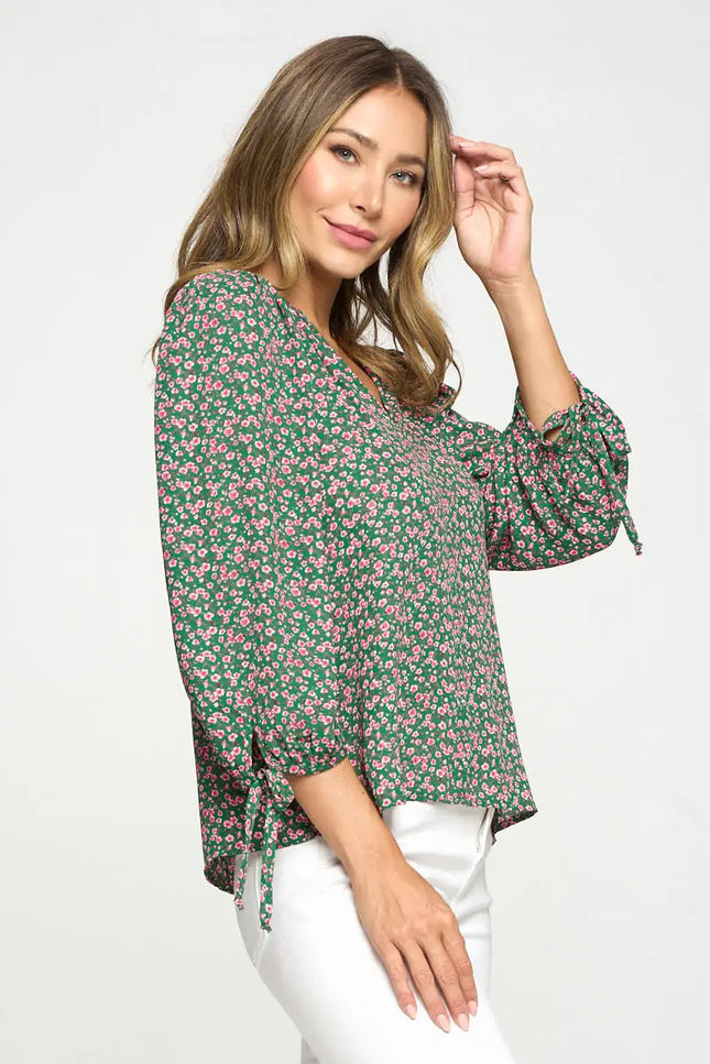 Floral Print Top With Self Tie Sleeves-Renee C.-Urbanheer