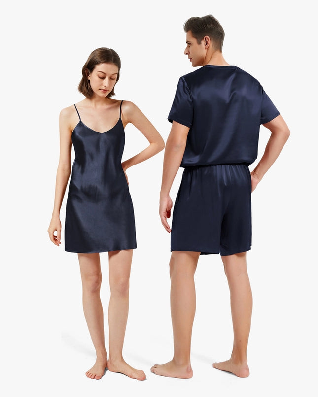 His & Hers Relaxed Silk Pajamas Navy Blue-Pajamas-MommeSilk-Urbanheer