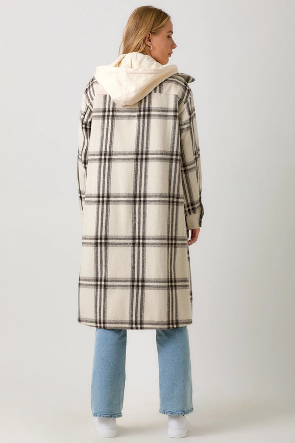 Twofer Hoodie Plaid Long Jacket Cream