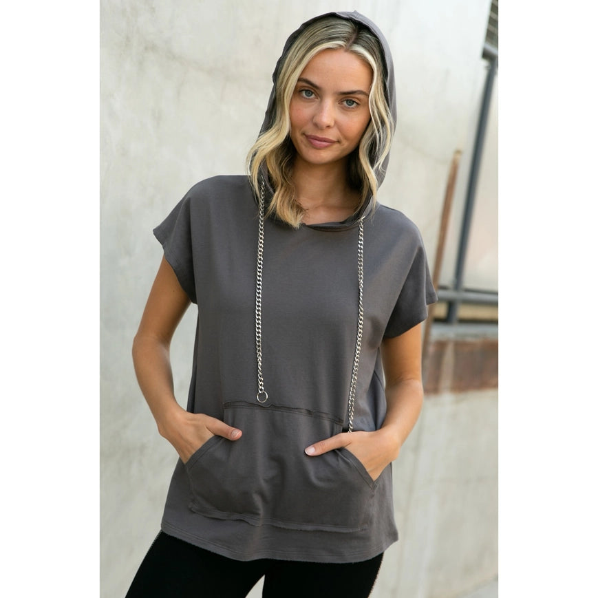 Hoodie Short Sleeve Top with Chains Charcoal-Hoodie-Vocal-S-Urbanheer