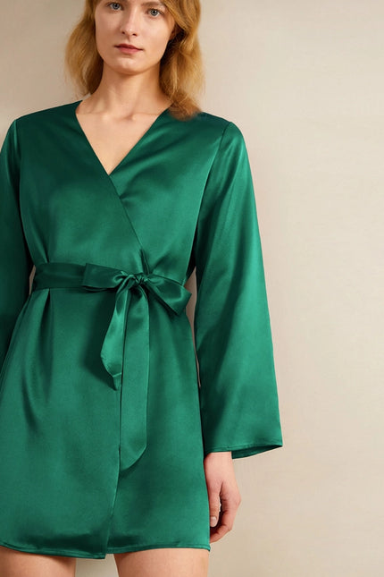 Loose Collarless Silk Emerald Green-Robe-MommeSilk-Urbanheer