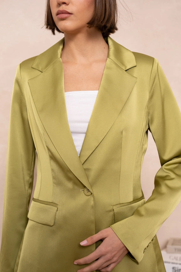 Satin Plain Fitted Jacket Olive-Jacket-Attentif Paris-Urbanheer