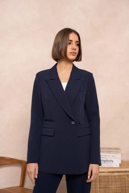 Signature Asymmetric Mid-Length Double-Breasted Plain Jacket Navy Blue-Jacket-Attentif Paris-Urbanheer