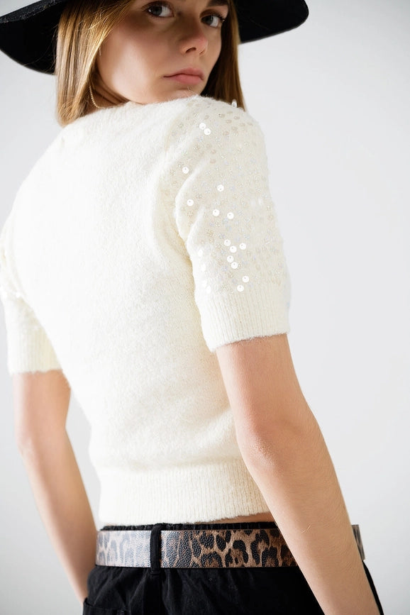 Cream Short Sleeve Sequin Sweater