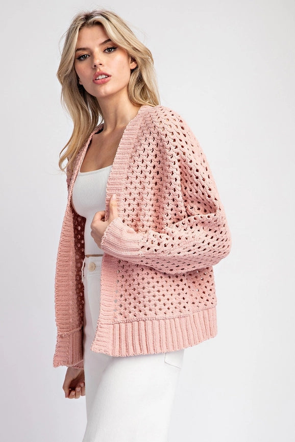 Plus - Long Sleeve Crochet Open Front Cardigan DUSTY ROSE