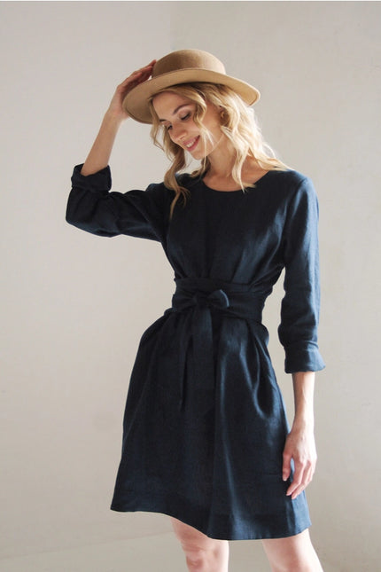 Navy Blue Linen Dress For Women Midi, Belted Dress-Dress-Nich Linen-Urbanheer