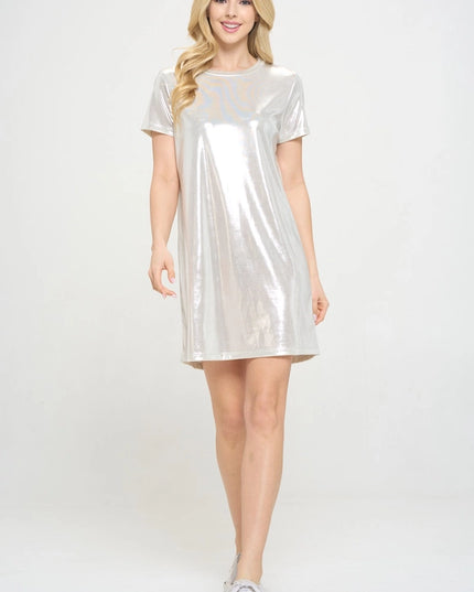 Made in USA Metallic Short Sleeve Dress Silver-Dress-Renee C.-Urbanheer