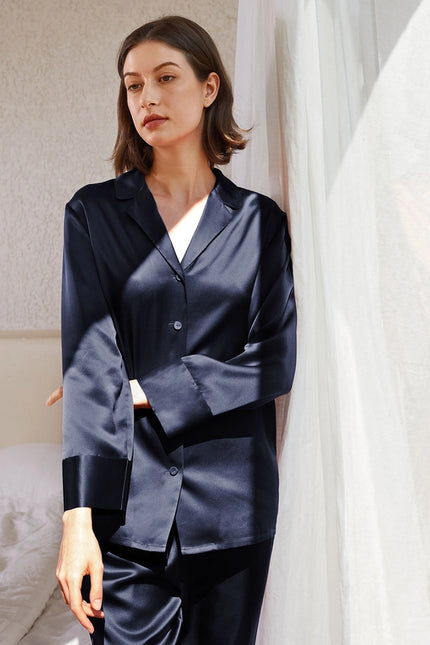 His & Hers Classic Silk Pajamas Navy Blue-Pajamas-MommeSilk-Urbanheer