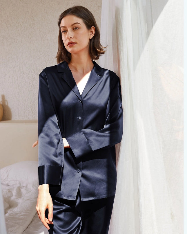 His & Hers Classic Silk Pajamas Navy Blue-Pajamas-MommeSilk-Urbanheer