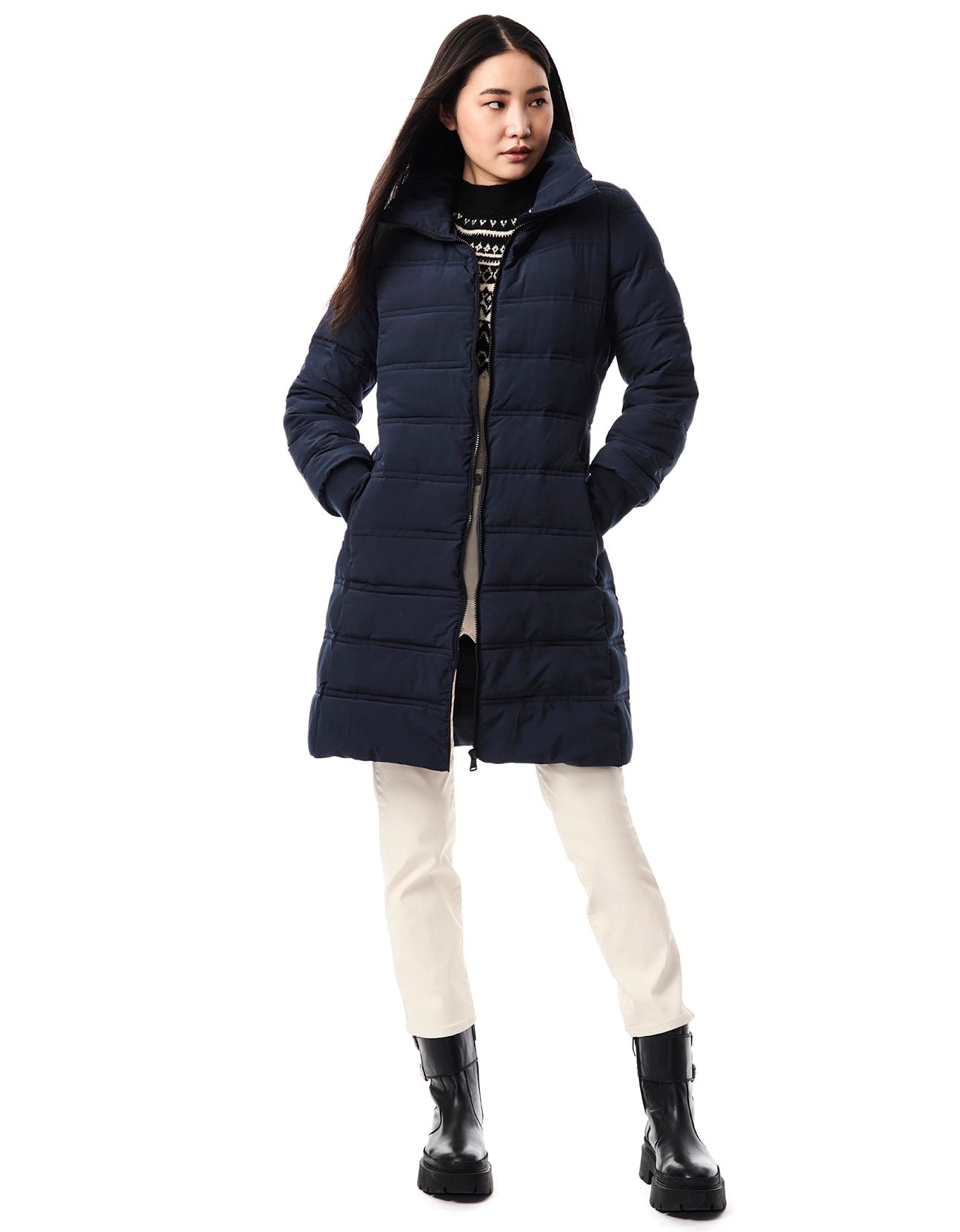 Horizontal Quilt Puffer Jacket - Navy-Clothing - Women-Bernardo-Urbanheer