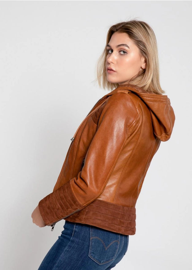 Arya Brown Suede Women Hooded Leather Jacket-Jacket-Fadcloset-Urbanheer