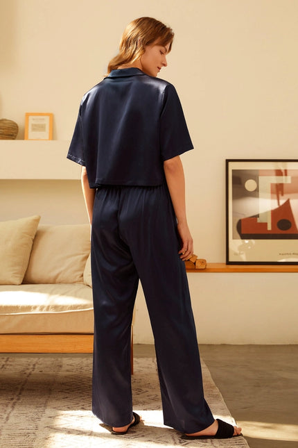 Short Sleeve Silk Pajamas Navy Blue-Pajamas-MommeSilk-Urbanheer