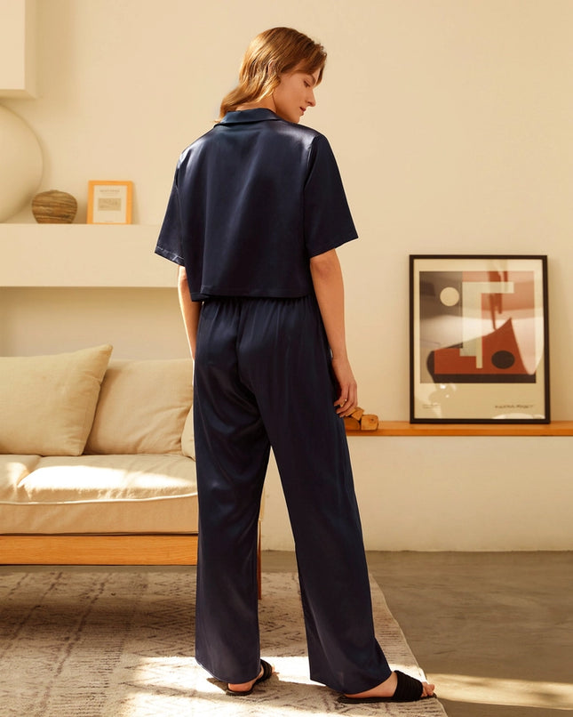 Short Sleeve Silk Pajamas Navy Blue-Pajamas-MommeSilk-Urbanheer