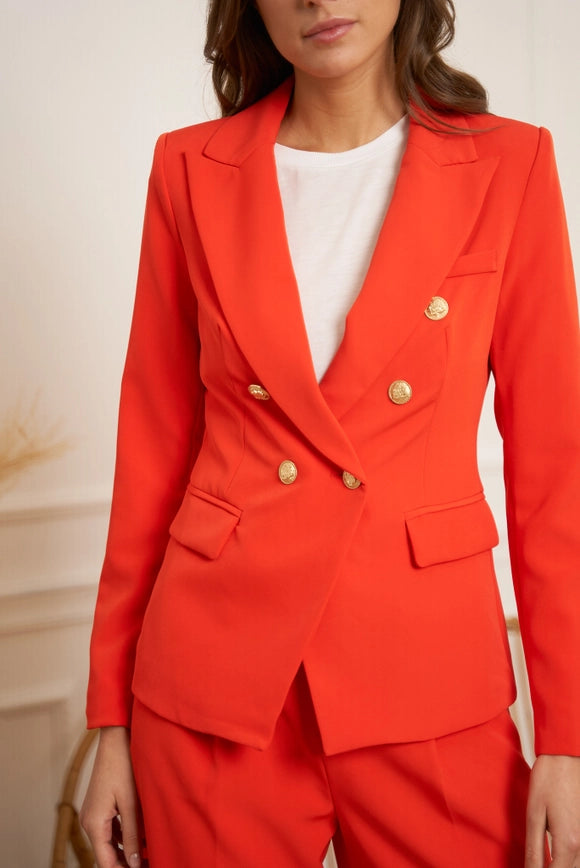 Timeless Fitted Blazer Jacket with Gold Double-Breasted Buttons Orange-Jacket-Attentif Paris-Urbanheer