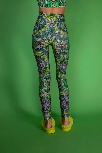 Stretchy Psychedelic Botanical Printed Green Garden Leggings-Nuvula-Urbanheer