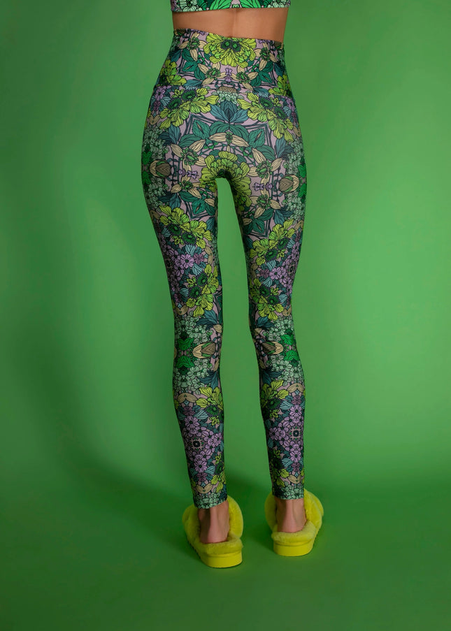 Stretchy Psychedelic Botanical Printed Green Garden Leggings-Nuvula-Urbanheer