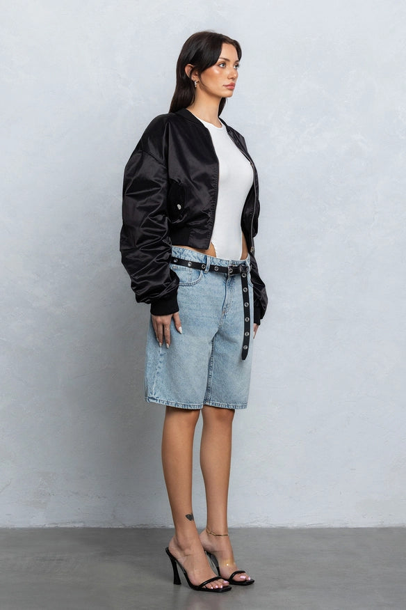 Satin Zipper Bomber Jacket W/ Pu Patch Embroidery Black-Jacket-No Vacancy-Urbanheer