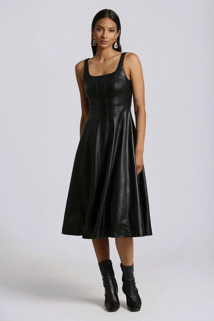 Faux-Ever Leather™ Fit-And-Flare Midi Dress-Dress-Avec Les Filles-S-Urbanheer