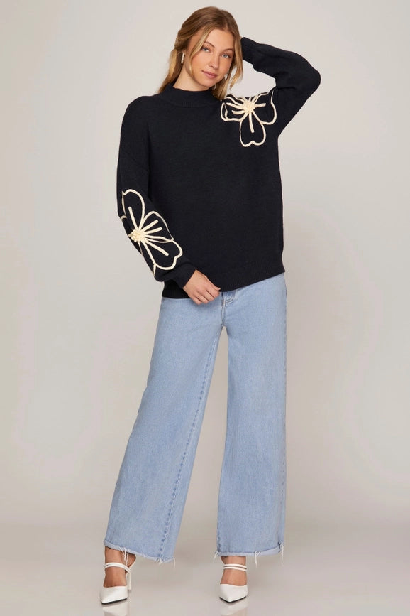 Sweater Top with Flower Embellishments NAVY