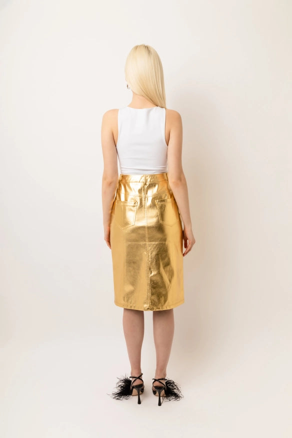Lupe High Waist Metallic Knee Length Skirt Gold-Skirts-Amy Lynn-Urbanheer