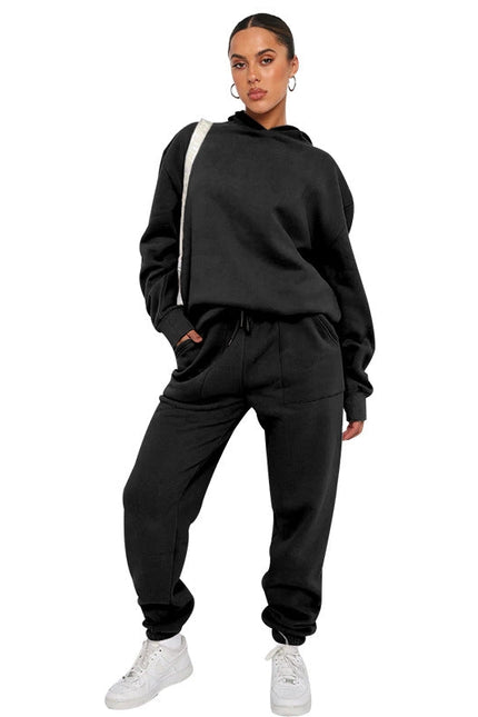 Solid Color Hooded Long Sleeve Sweater and Casual Trousers Suit-Suits-Blak Wardrob-S-Black-Urbanheer