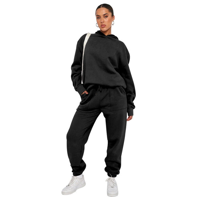 Solid Color Hooded Long Sleeve Sweater and Casual Trousers Suit-Suits-Blak Wardrob-S-Black-Urbanheer