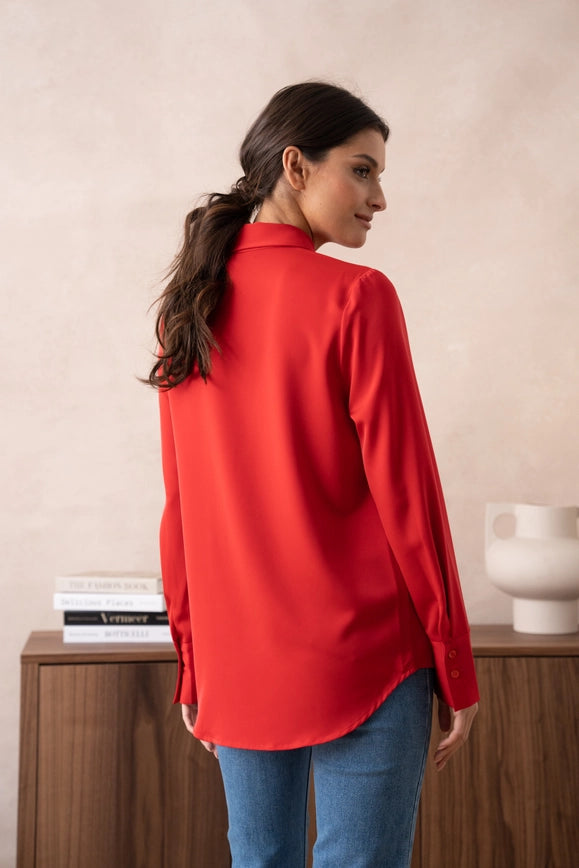 Plain Satin Shirt with Lapel Collar Red-SHIRT-Attentif Paris-Urbanheer