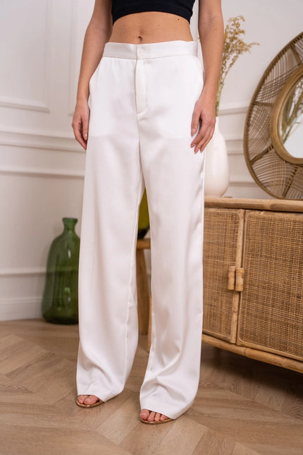 Satin Straight Cut Pants White-Pants-Attentif Paris-Urbanheer