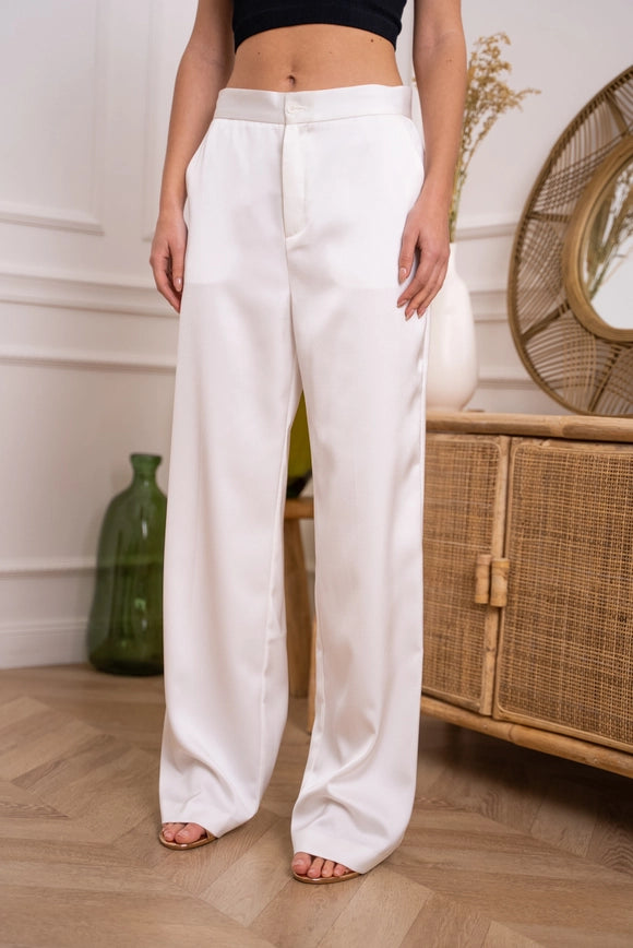 Satin Straight Cut Pants White-Pants-Attentif Paris-Urbanheer