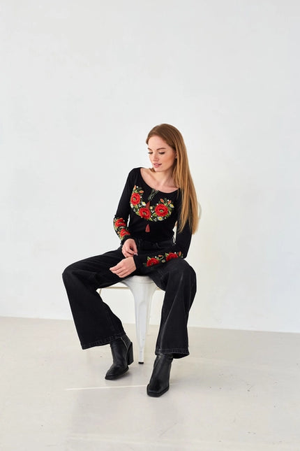 Embroidered Sweater Crimson Poppies Black-Clothing - Women-Handmade Originals Ukraine-Urbanheer